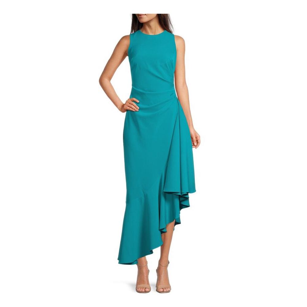 Eliza J Teal Blue Side Ruched Asymmetrical Hem Maxi Dress Sz.12 NWT